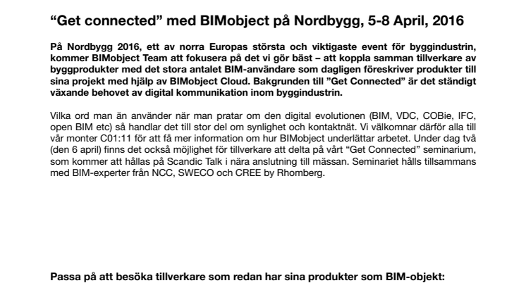 “Get connected” med BIMobject på Nordbygg, 5-8 April, 2016