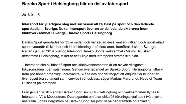 Bareko Sport i Helsingborg blir en del av Intersport 