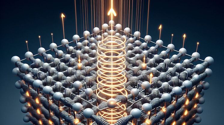 Laserljuset är cirkulärt polariserat, d v s ljuset har form av en "korkskruv". När laserljus med denna typ av polarisation kommer in i ett material, överför det dess cirkulära polarisation till atomerna genom att få dem att rotera. AI-genererad bild.