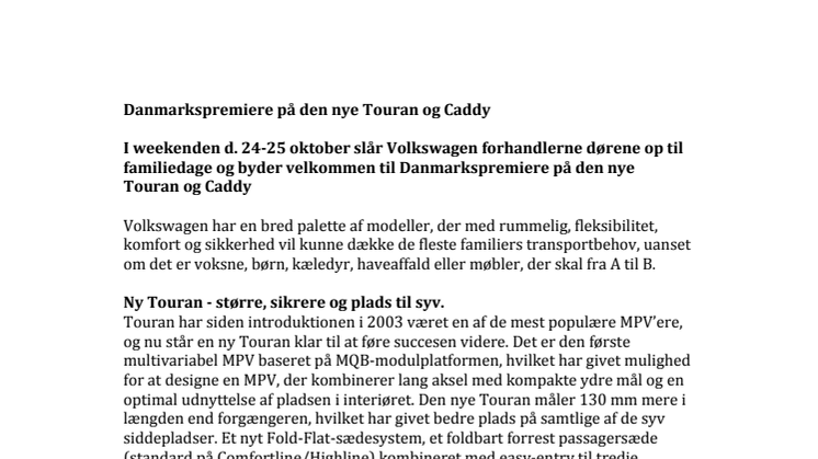 Danmarkspremiere på den nye Touran og Caddy