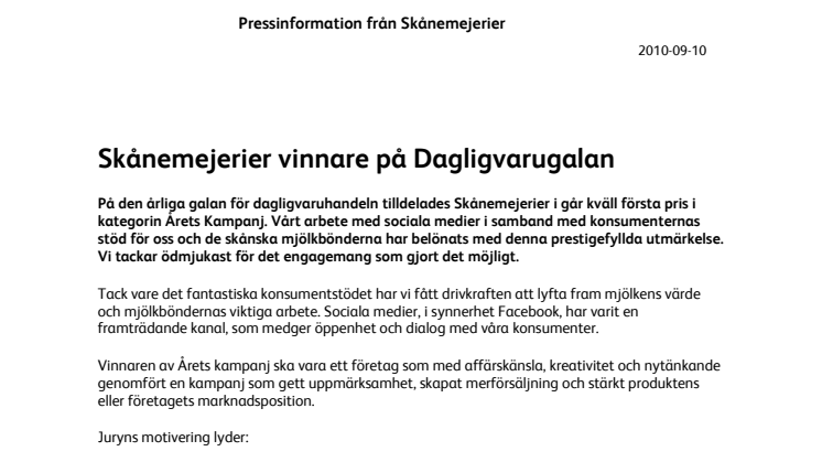 Skånemejerier vinnare på Dagligvarugalan