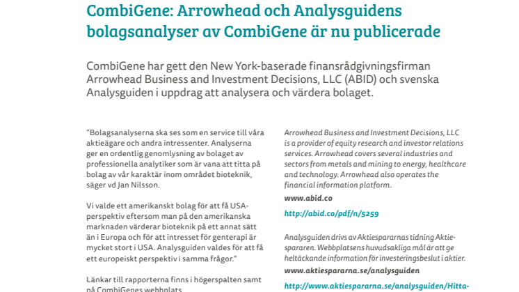 Arrowhead och Analysguidens bolagsanalyser av CombiGene är nu publicerade