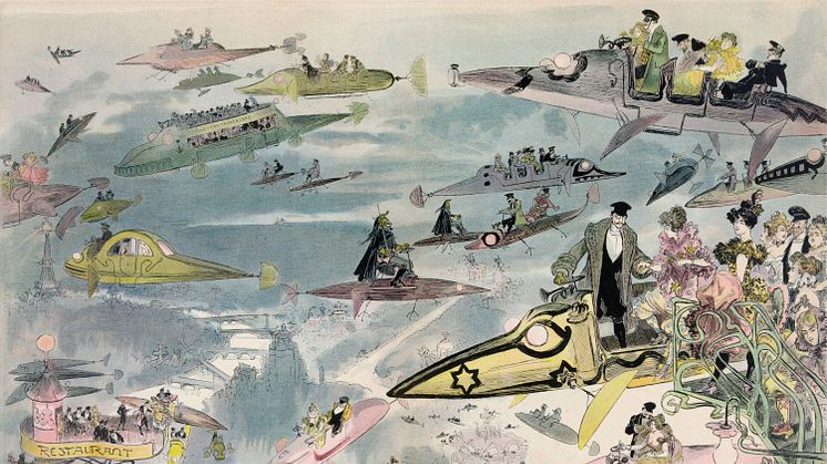 Konstnären Albert Robida antog 1882 att himlen skulle vara tjock av flygande bilar i vår tid. Illustrationen ska visa hur publiken lämnar operan efter en föreställning.