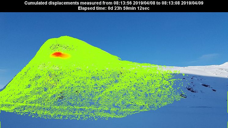Radarbilde fra Stavbrekka på Strynefjellet viser utviklingen siste 24 timer mot årets glideras. 