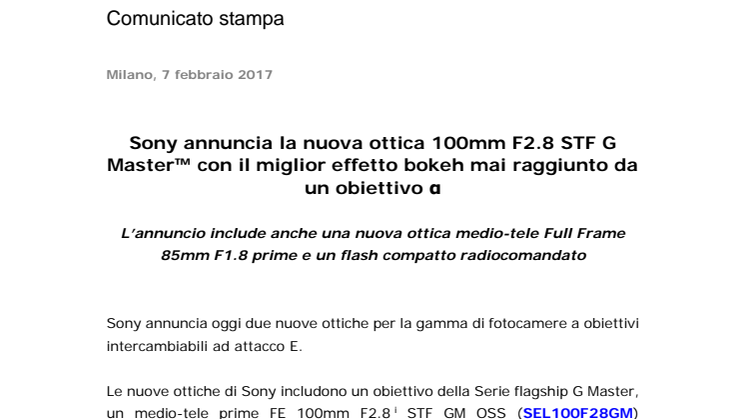Sony annuncia la nuova ottica 100mm F2.8 STF G Master™ con il miglior effetto bokeh mai raggiunto da un obiettivo α