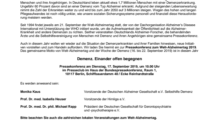 Pressekonferenz zum Welt-Alzheimertag 2019 am 17. September in Berlin 