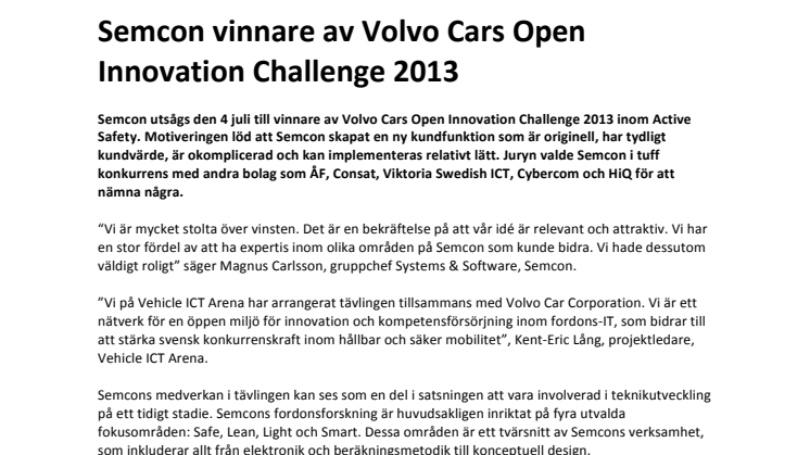 Semcon vinnare av Volvo Cars Open Innovation Challenge 2013