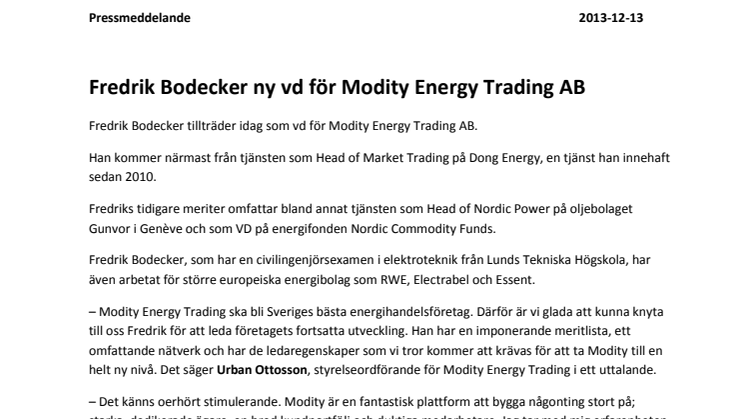 Fredrik Bodecker ny vd för Modity Energy Trading AB