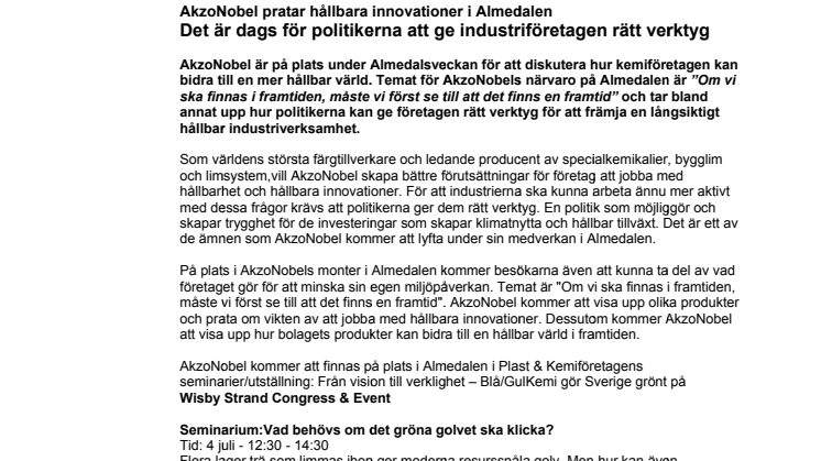 AkzoNobel pratar hållbara innovationer i Almedalen - Det är dags för politikerna att ge industriföretagen rätt verktyg