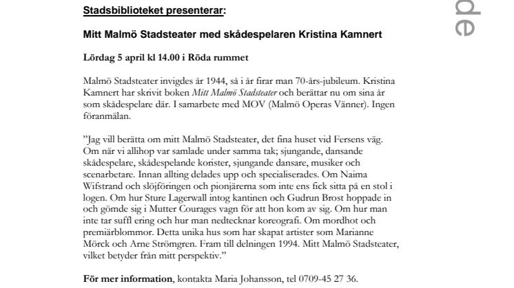 Stadsbiblioteket presenterar: Mitt Malmö Stadsteater med skådespelaren Kristina Kamnert 
