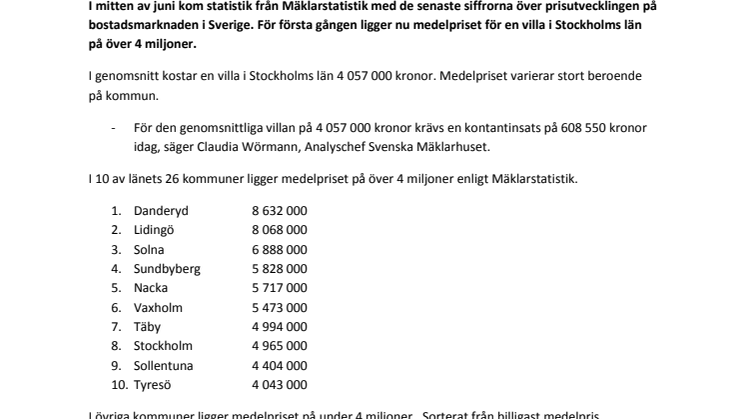Medelpriset för en villa i Stockholm nu över 4 miljoner