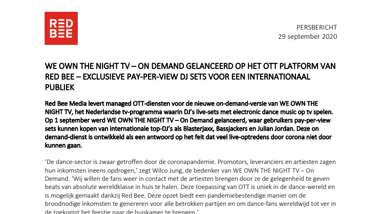 We Own The Night TV - On Demand Gelanceerd op het OTT Platform van Red Bee - Exclusieve Pay-Per-View DJ Sets voor een Internationaal Publiek