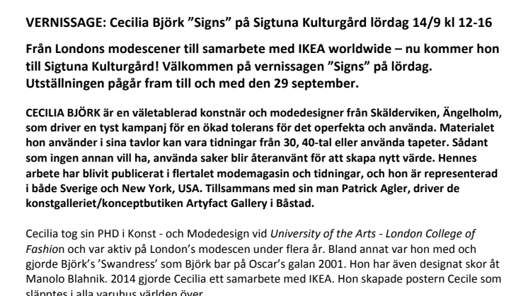 VERNISSAGE: Cecilia Björk 'Signs' på Sigtuna Kulturgård lördag 14/9 kl 12-16