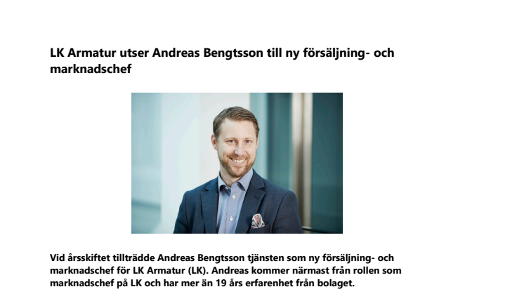 LK Armatur utser Andreas Bengtsson till ny försäljnings- och marknadschef 