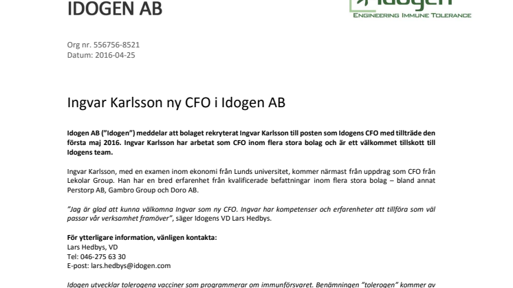 Ingvar Karlsson ny CFO i Idogen AB