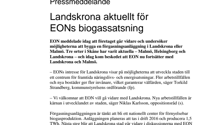 Landskrona aktuellt för EONs biogassatsning 