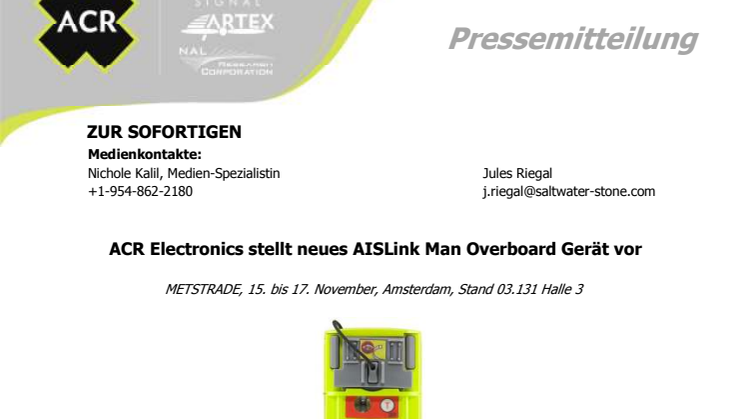 ACR Electronics stellt neues AISLink Man Overboard Gerät vor