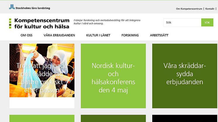 Kultur och hälsa i Stockholms län lyfts på den nya hemsidan. Syntolkning: Webbplatsens förstasida med rubriker, bild och gröna fält med text. 