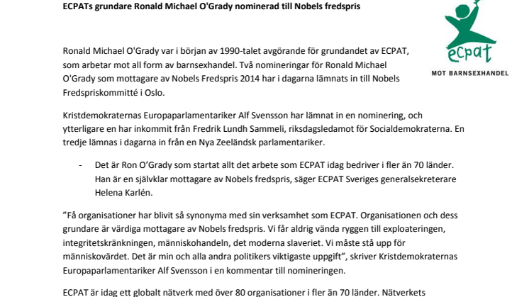 ECPATs grundare Ronald Michael O'Grady nominerad till Nobels fredspris