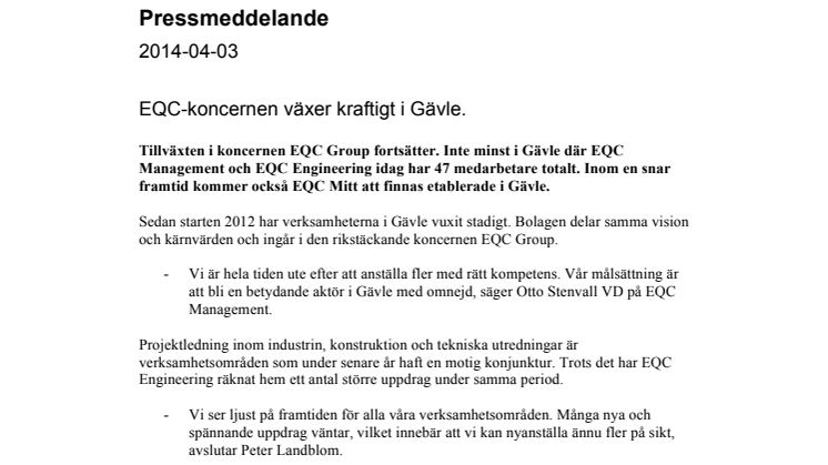 EQC-koncernen växer kraftigt i Gävle
