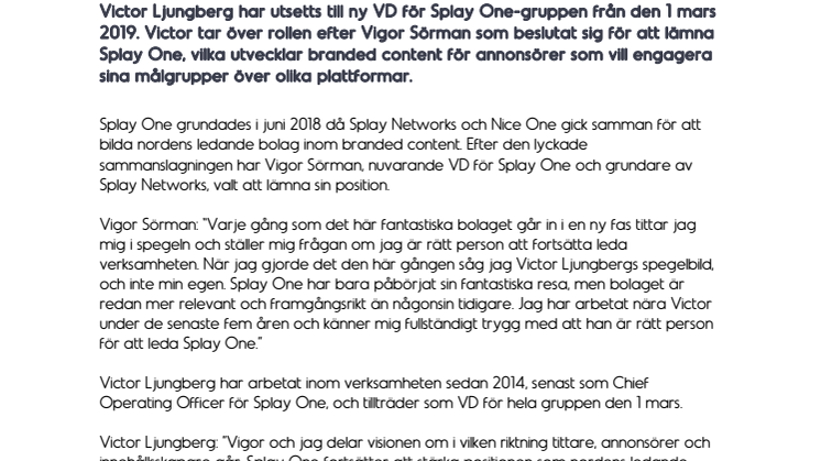Victor Ljungberg utsedd till ny VD för Splay One-gruppen