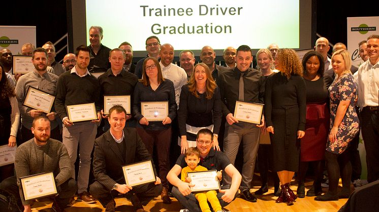 Celebrate good times: Some of the drivers who were celebrating with Angie Doll (centre), MD of Southern and Gatwick Express. This picture and others can be downloaded below