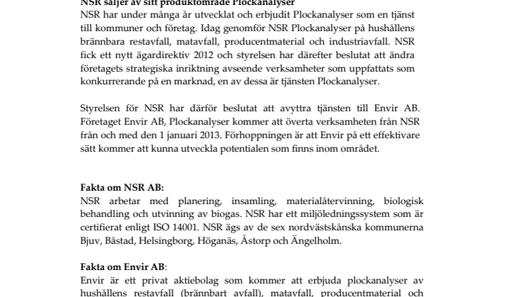 NSR säljer av sitt produktområde Plockanalyser