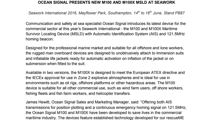 Ocean Signal: Presents New M100 And M100x Msld At Seawork