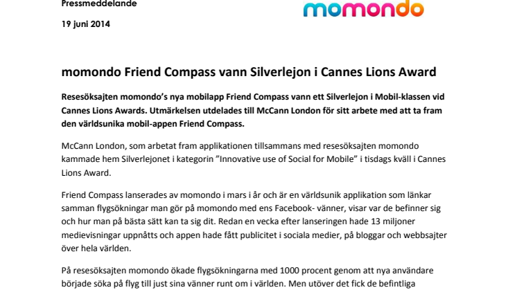 momondo Friend Compass vann Silverlejon i Cannes Lions Award 