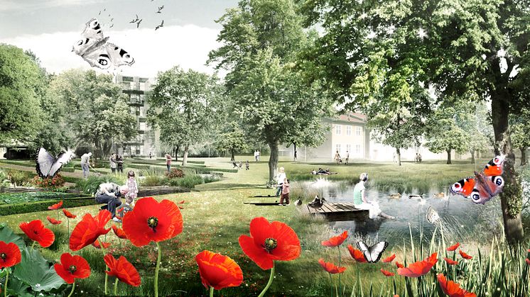 Sege Park i Malmö kommer att bli ett nytt bostadsområde omgiven av lummig parkmiljö och grönska. Illustration: Mandaworks