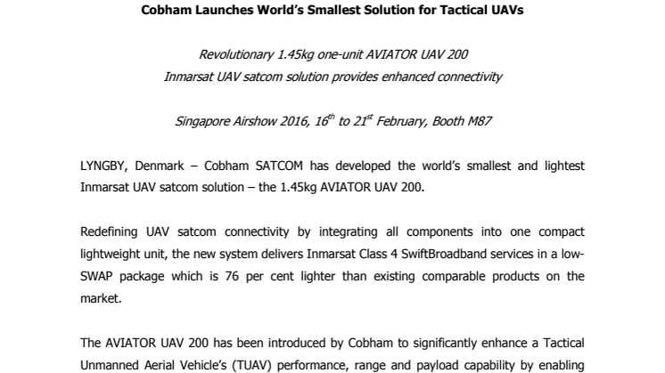 Cobham SATCOM: Cobham Launches World's Smallest Solution for Tactical AUVs