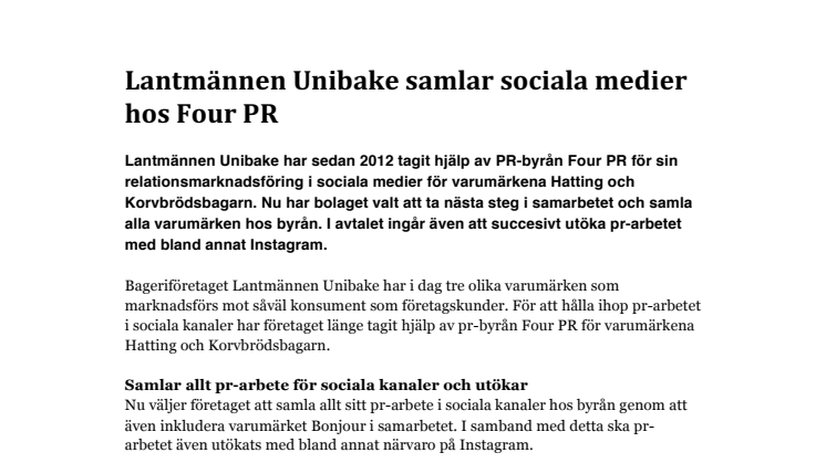 Lantmännen Unibake samlar sociala medier hos Four PR