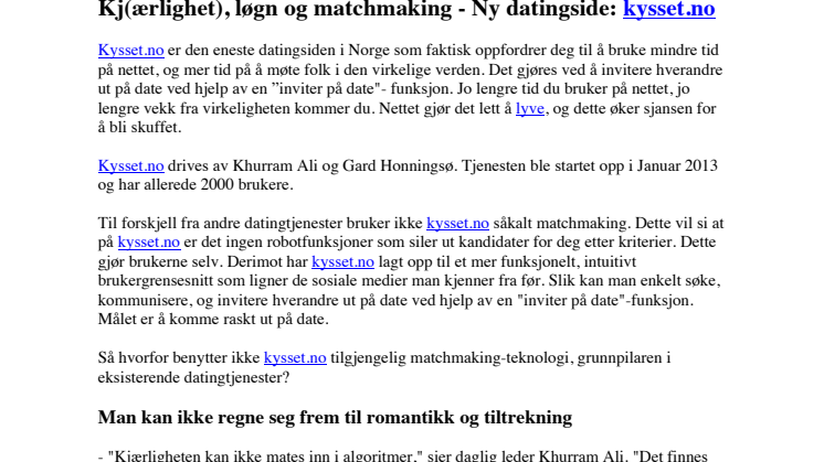 Kj(ærlighet), Løgn og Matchmaking - Ny datingside: kysset.no