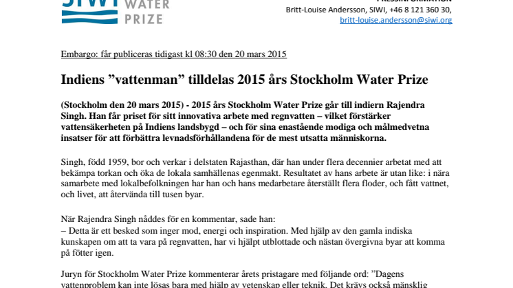 Indiens ”vattenman” tilldelas 2015 års Stockholm Water Prize