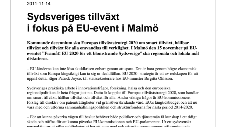 Sydsveriges tillväxt i fokus på EU-event i Malmö 