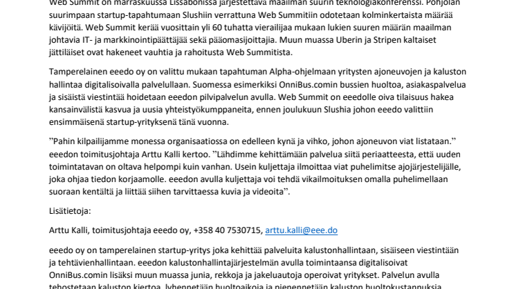 Suomalainen startup-yritys eeedo valittiin Web Summit konferenssin Alpha-ohjelmaan