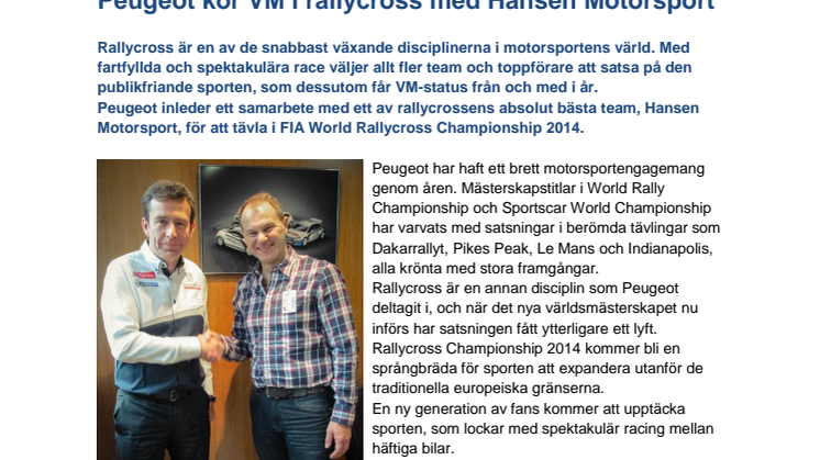 Peugeot kör VM i rallycross med Hansen Motorsport  