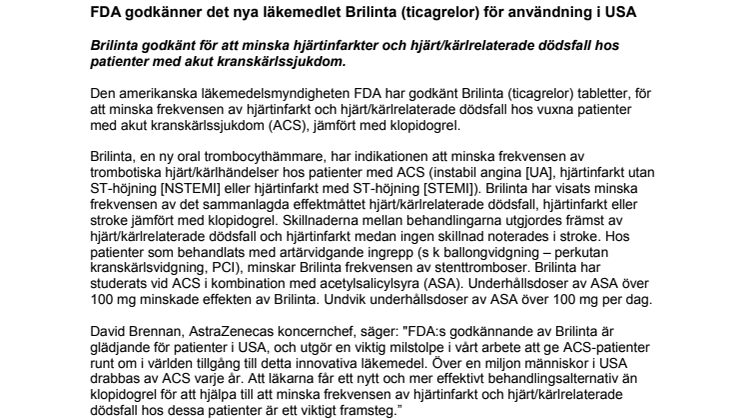 FDA godkänner det nya läkemedlet Brilinta (ticagrelor) för användning i USA