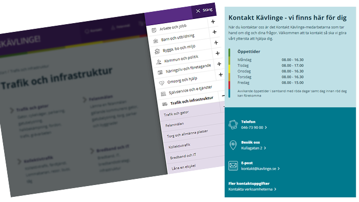 Ny, förbättrad navigering och kontaktvägar in till Kontakt Kävlinge på alla webbsidor, är några av förbättringarna som gjorts på nya kommunwebbplatsen.