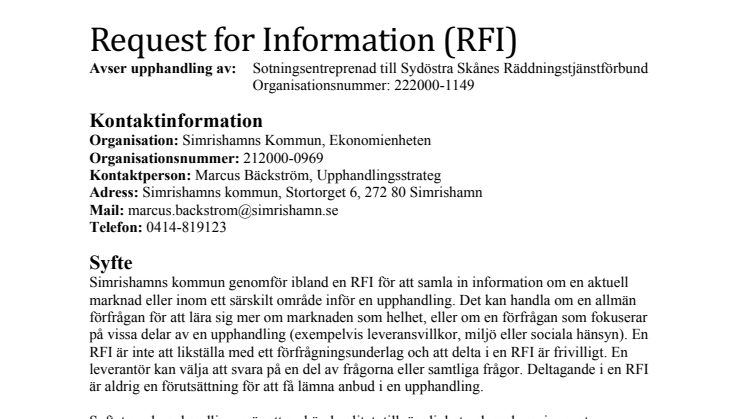 Sotningsentreprenad till Sydöstra Skånes Räddningstjänstförbund 