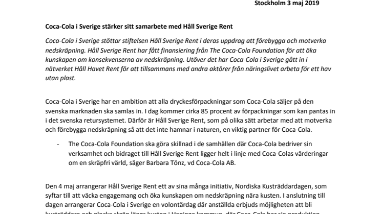 Coca-Cola i Sverige stärker sitt samarbete med Håll Sverige Rent