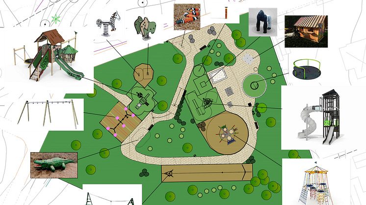 Illustrationsplan över den nya lekparken i Stationsskogen, som nu ska invigas.