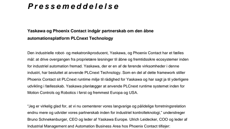 ​  Yaskawa og Phoenix Contact indgår partnerskab om den åbne automationsplatform PLCnext Technology 