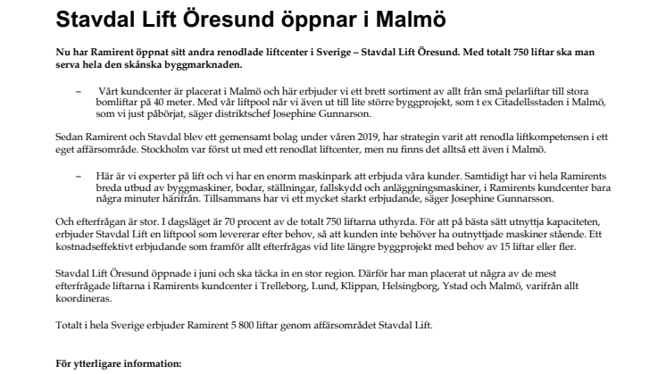 Stavdal Lift Öresund öppnar i Malmö