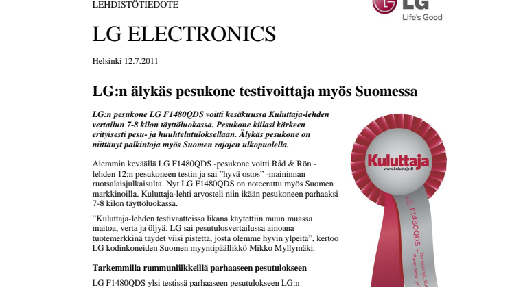 LG:n älykäs pesukone testivoittaja myös Suomessa