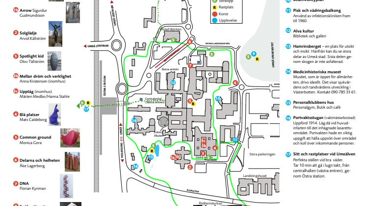 Karta över promenadstråket runt Norrlands universitetssjukhus i Umeå