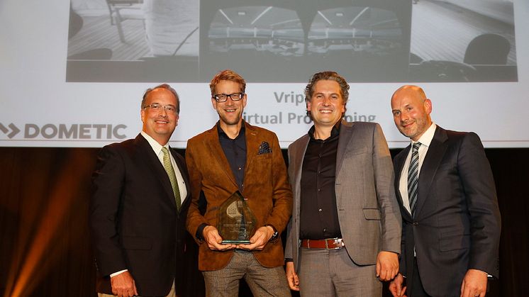 From left to right: Executive Vice President of Dometic’s marine division Ned Trigg, with Bart Bouwhuis, Director of Vripack, and Jeroen Schoonheim, Head of Engineering at Vripack, and editor of IBI Ed Slack. Credit: Graham Snook Photography