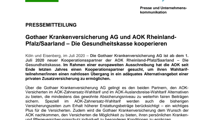 Gothaer Krankenversicherung AG und AOK Rheinland-Pfalz/Saarland – Die Gesundheitskasse kooperieren 