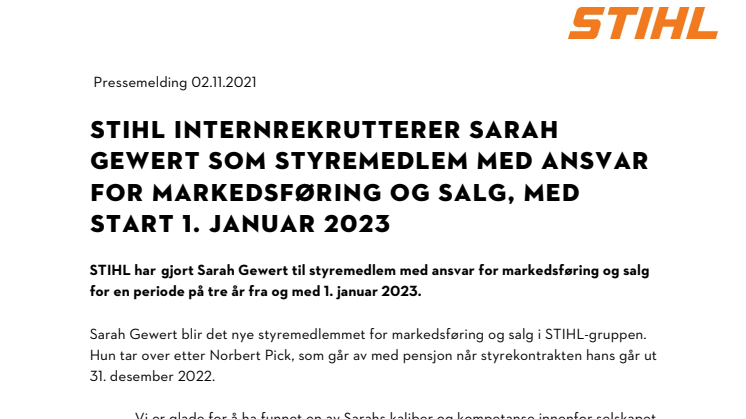 STIHL INTERNREKRUTTERER SARAH GEWERT SOM STYREMEDLEM MED ANSVAR FOR MARKEDSFØRING OG SALG, MED START 1. JANUAR 2023.pdf