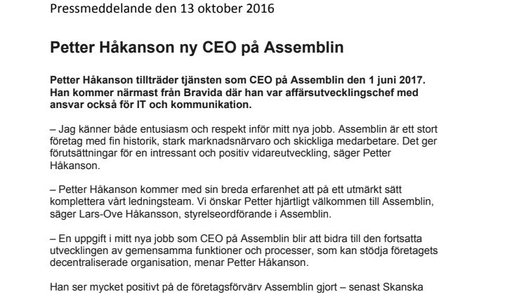 Petter Håkanson ny CEO på Assemblin